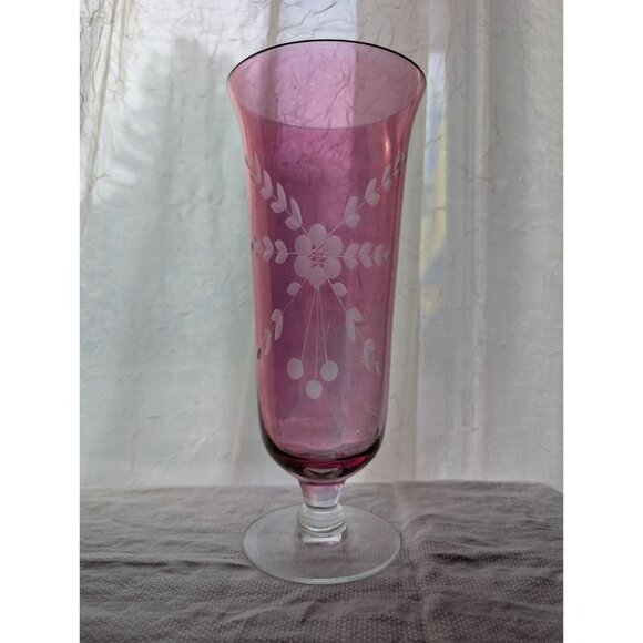 Vintage Cranberry Pink Etched Glass Vase With Floral Design & Clear Pedestal Bas - Picture 1 of 6